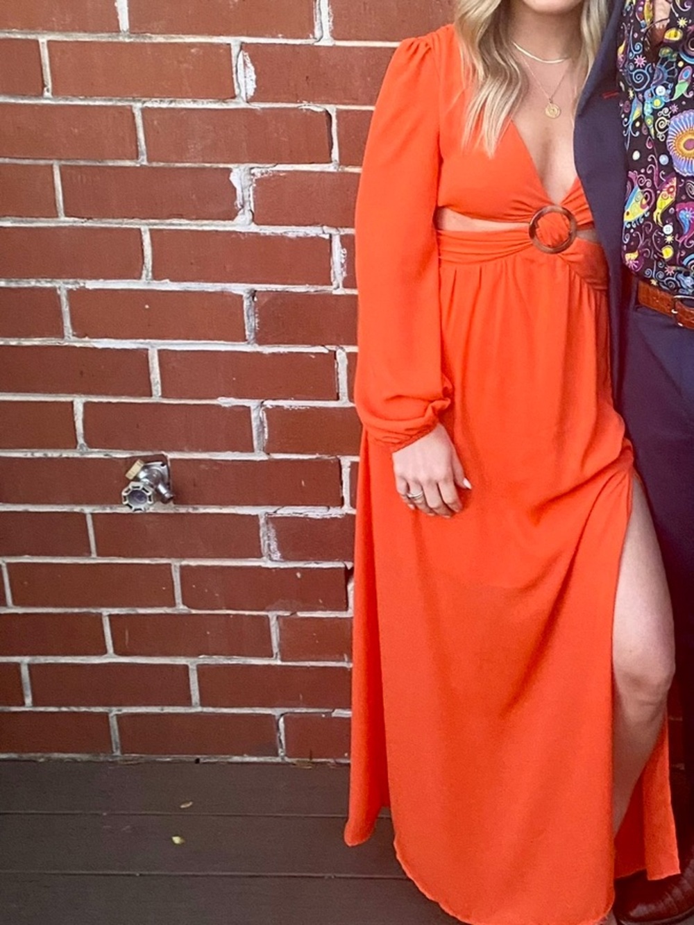 vestique Orange Long Sleeve Maxi Dress with Ring Detail